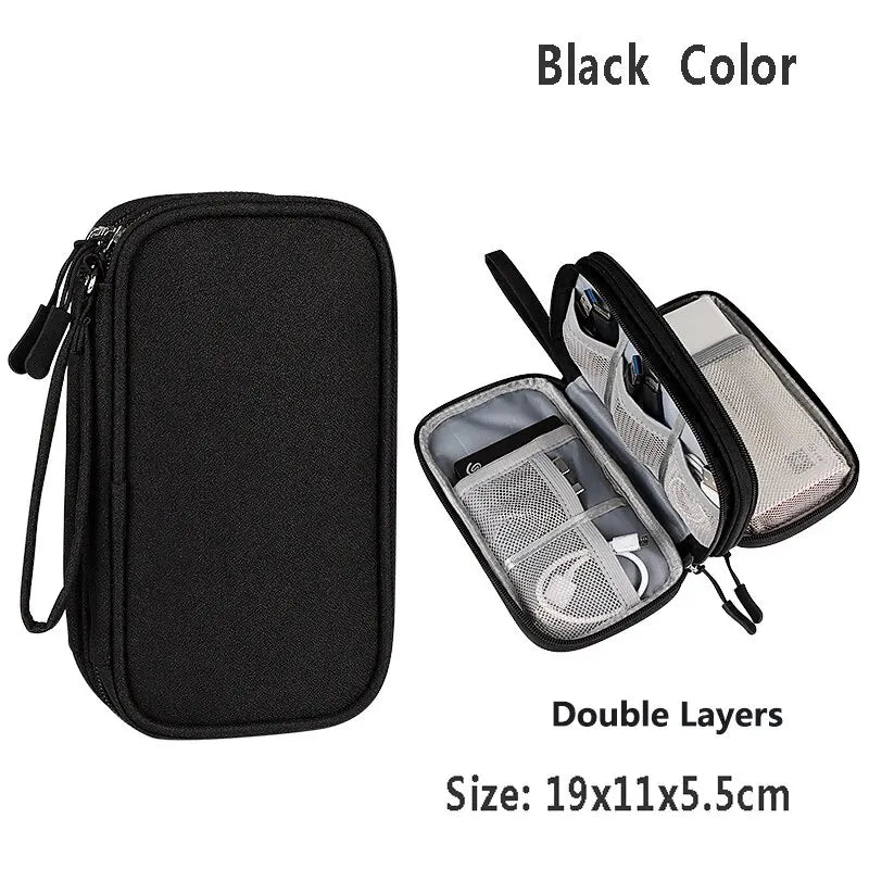 Waterproof Data Cable Storage Bag Travel Bags Zipper Bag Portable Storage Pouch USB Data Cable Organizer Electronics Accessories Zpaxo Black Double layer
