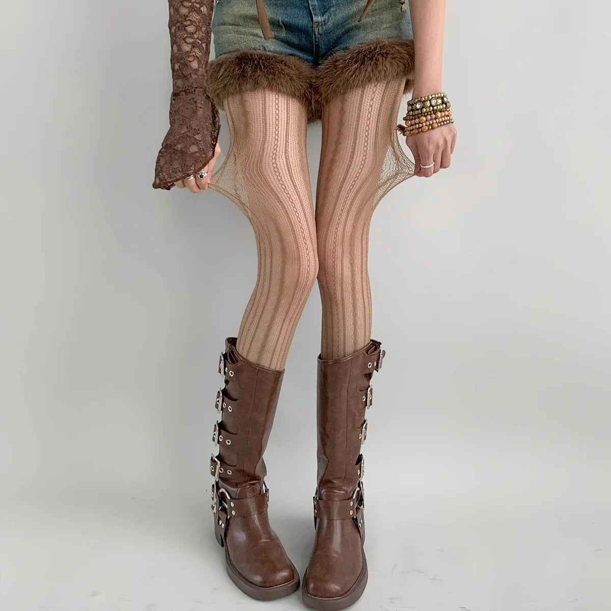 Lolita Stockings Womens Fishnet Tights Sexy Geometric Striped Zpaxo brown One Size