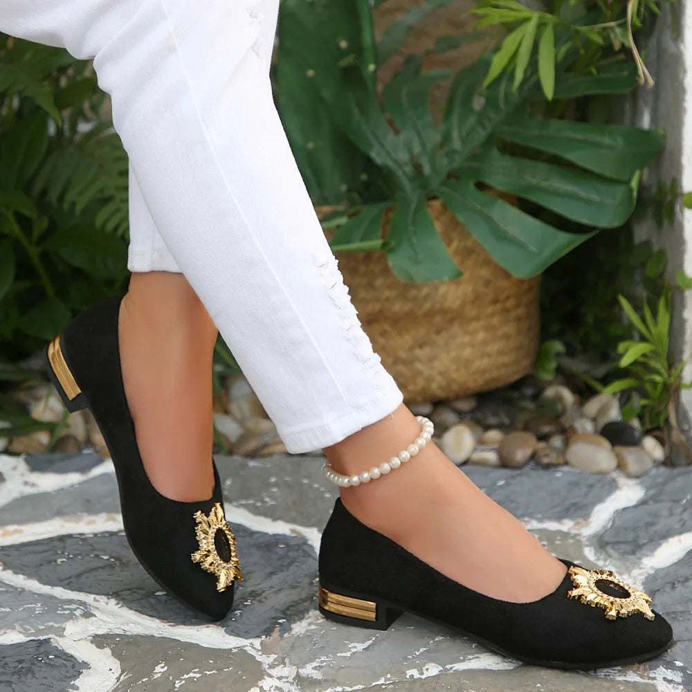 Spring 2026 Women's Square Button Shallow Mouth Single Shoes Retro