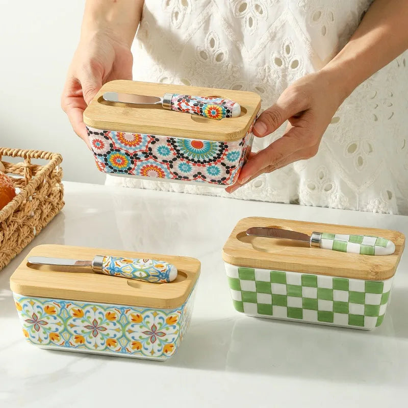 350ML Rural Style Ceramic Butter Box with Knife and Cover, American Household Cross-border Cheese Kitchen Storage Box Zpaxo