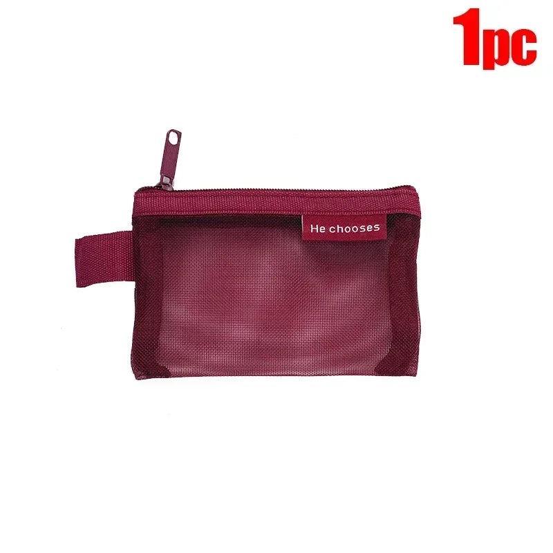 5PCS Mini Square Mesh Storage Bag Cable Holder Zipper Travel Organizer drawers for folding bag stand hanger hangingbig bags Zpaxo Wine Red 1PC