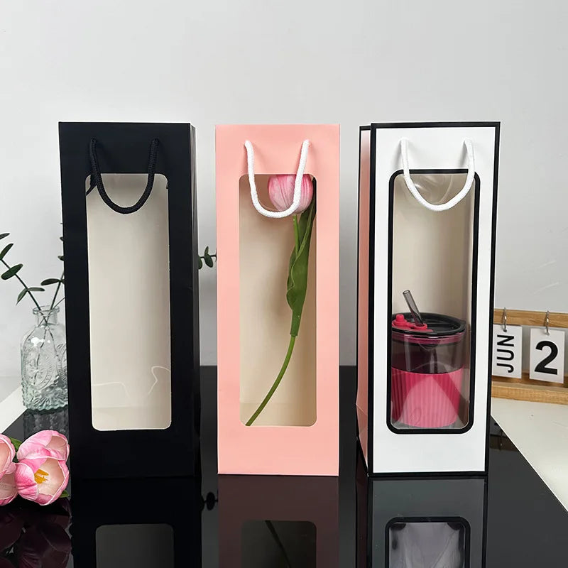 Flower Gift Bag Transparent Window | Kraft Paper Bouquet Tote Flower Gift Bag Zpaxo