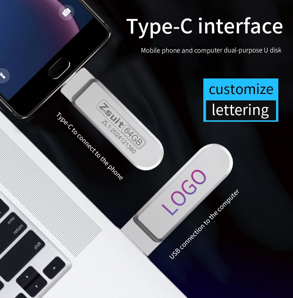 Zsuit USB Flash Drives Rotate USB-C Pendrive 64GB 128GB USB3.0 Type-C Pen Drives 2in 1 U Disk for iPhone Laptops Memory Stick Zpaxo
