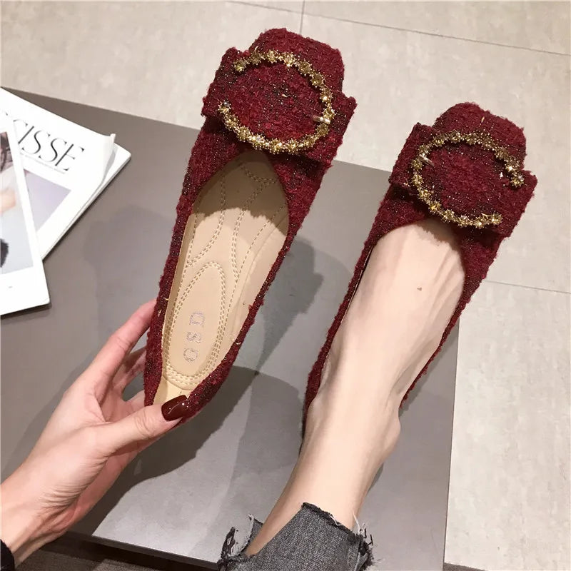 Flats Shoes for Women 2023 Spring Autumn New Women's Shoes Cloth Top Metal Buckle Shallow Mouth Square Head Flat Shoes Women Zpaxo