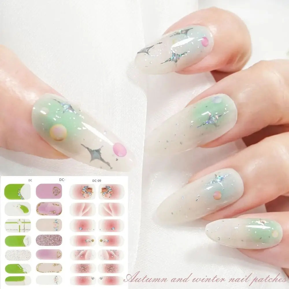 14 Strips Semi Cured Gel Nail Stickers Floristic Full Cover Gel Nail Polish Strips French Nail Art Glittering Nail Art Stickers Zpaxo