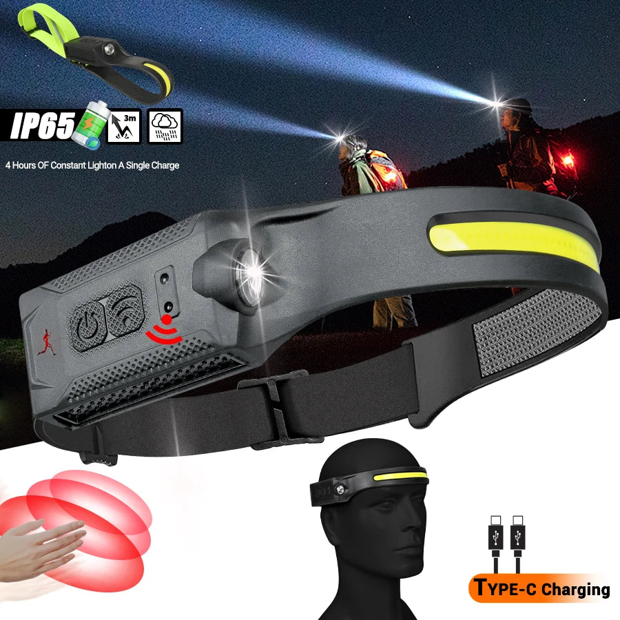 Rechargeable LED Headlamp – 5 Modes, Sensor, IP65, COB