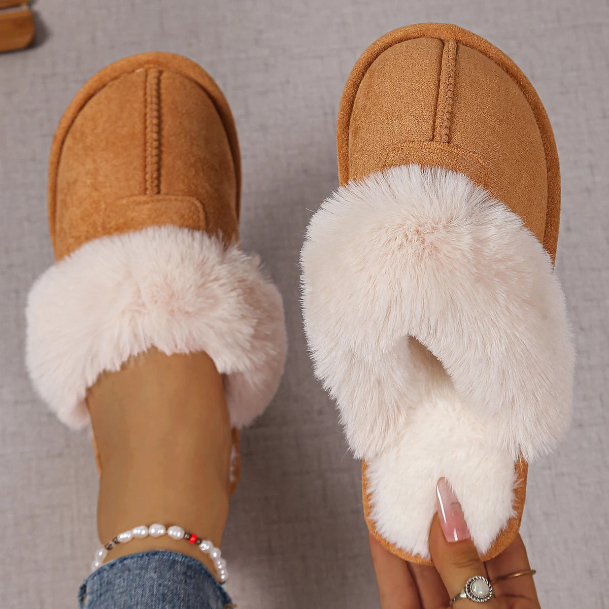 Woman Cotton Slippers 2025 New Closed Toe Warm Slippers Women Thicken Plush Winter Home Shoes Lightweight Indoor Slides Woman Zpaxo Khaki 42-43
