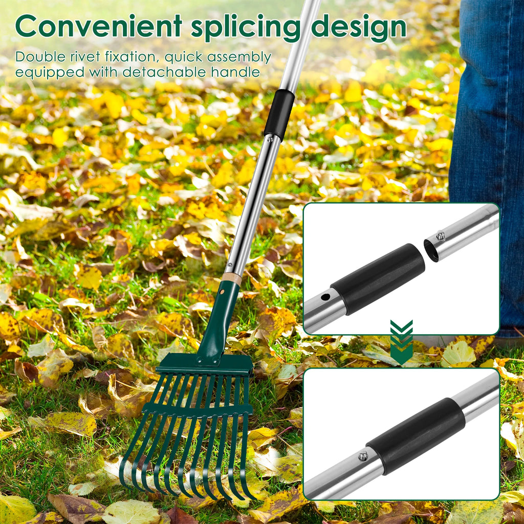 Garden Leaf Rake 51.6 inch Adjustable Long Handle With 11 Prong High Strength Shrub Flower Bed Cleaning Rake for Autumn Garden Zpaxo