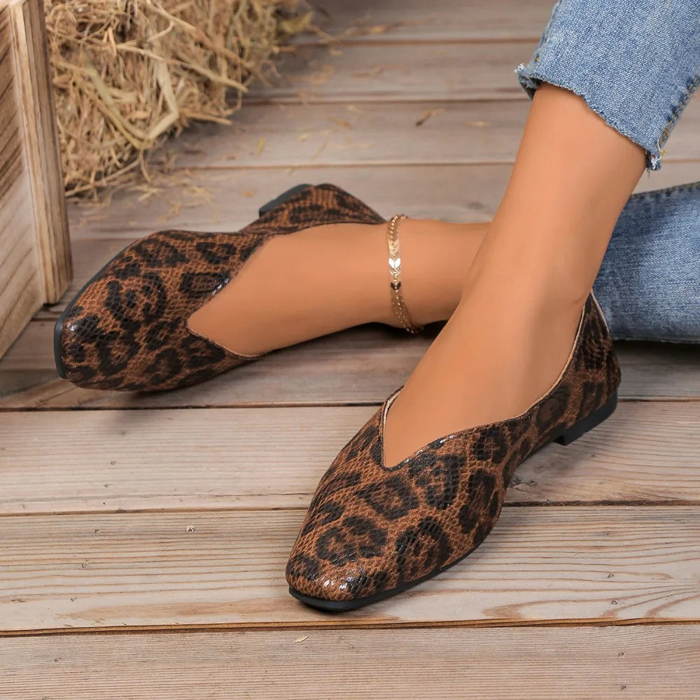 Big 35-43Snake Pattern Leather Woman Square Toe Shallow Ballet Flats