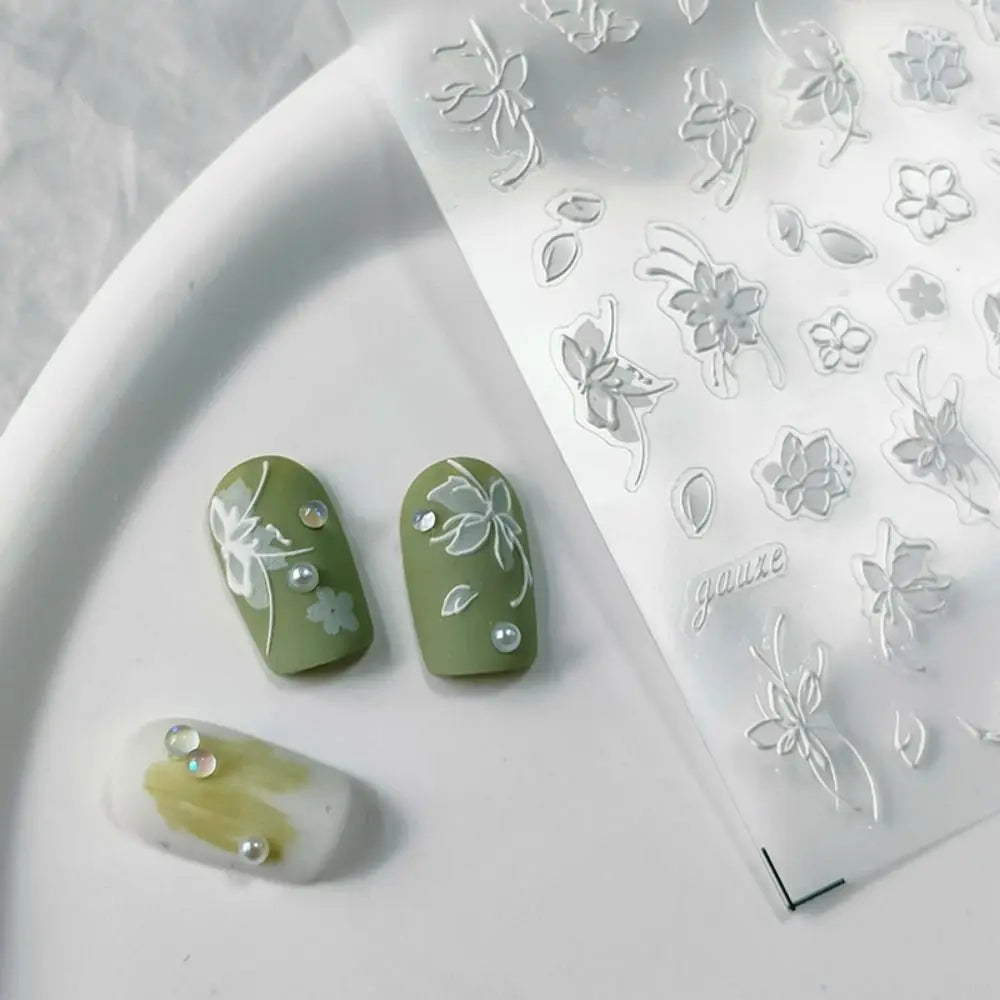 5D White Flower Nail Stickers Charm Simple Floral Petal Sticker Zpaxo