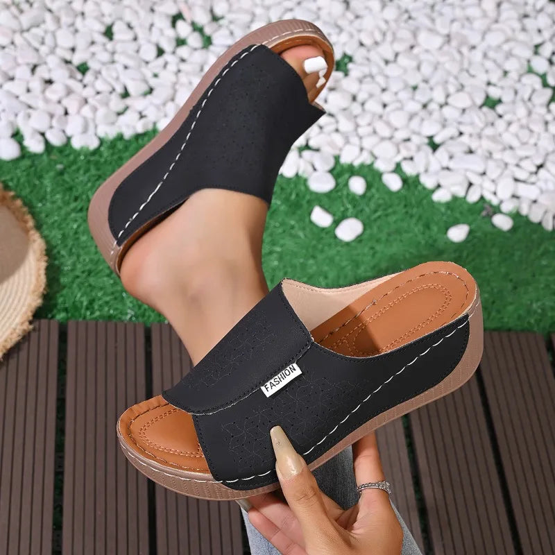 Women's Sandals Open Toe Wedge Summer Thick Soled Fashion Slippers Zpaxo black 36