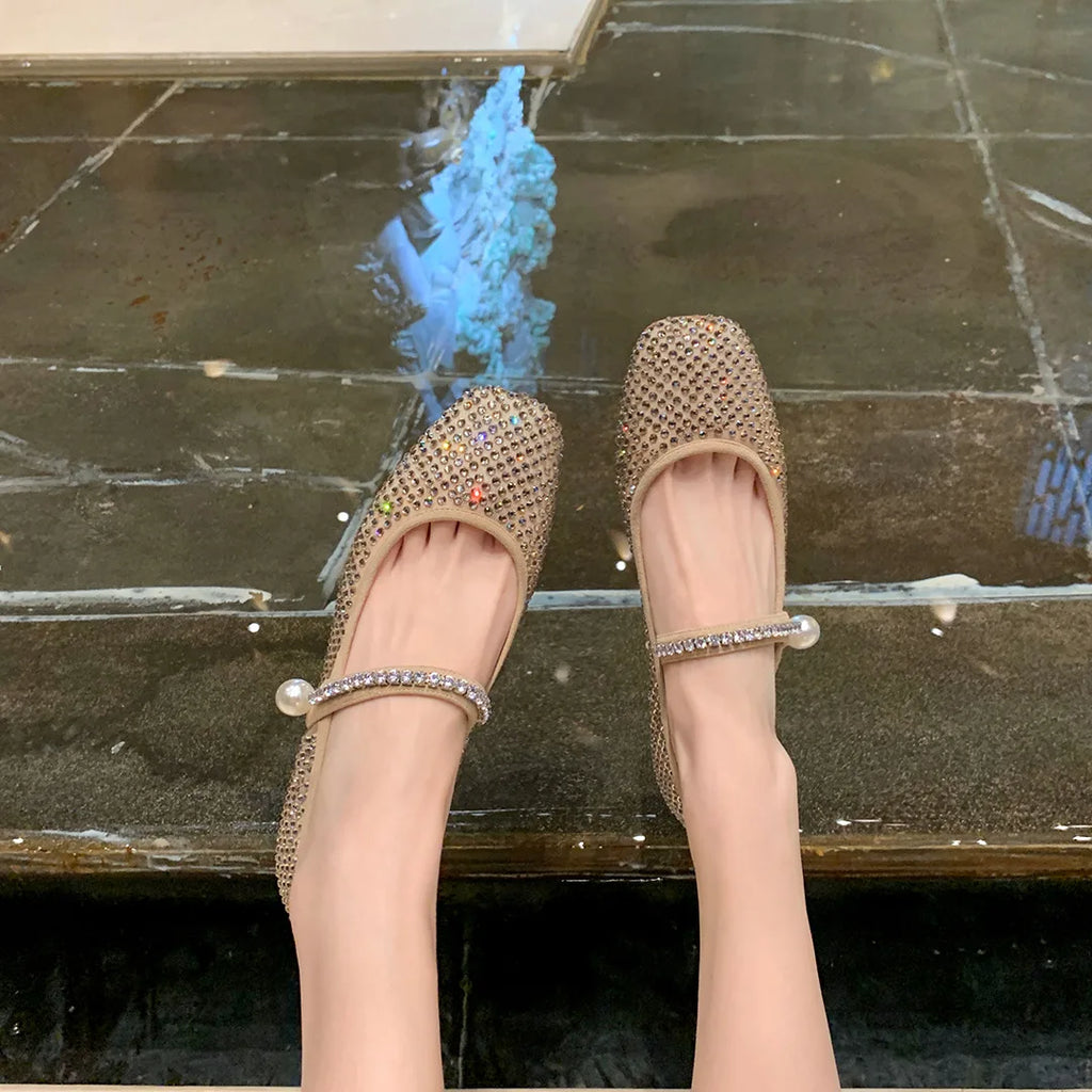 Flat Shoes for Women Spring and Autumn New Square Toe Mesh Full Diamond Pearls Mary Jane Women's Ladies Luxury Shoes Women Zpaxo