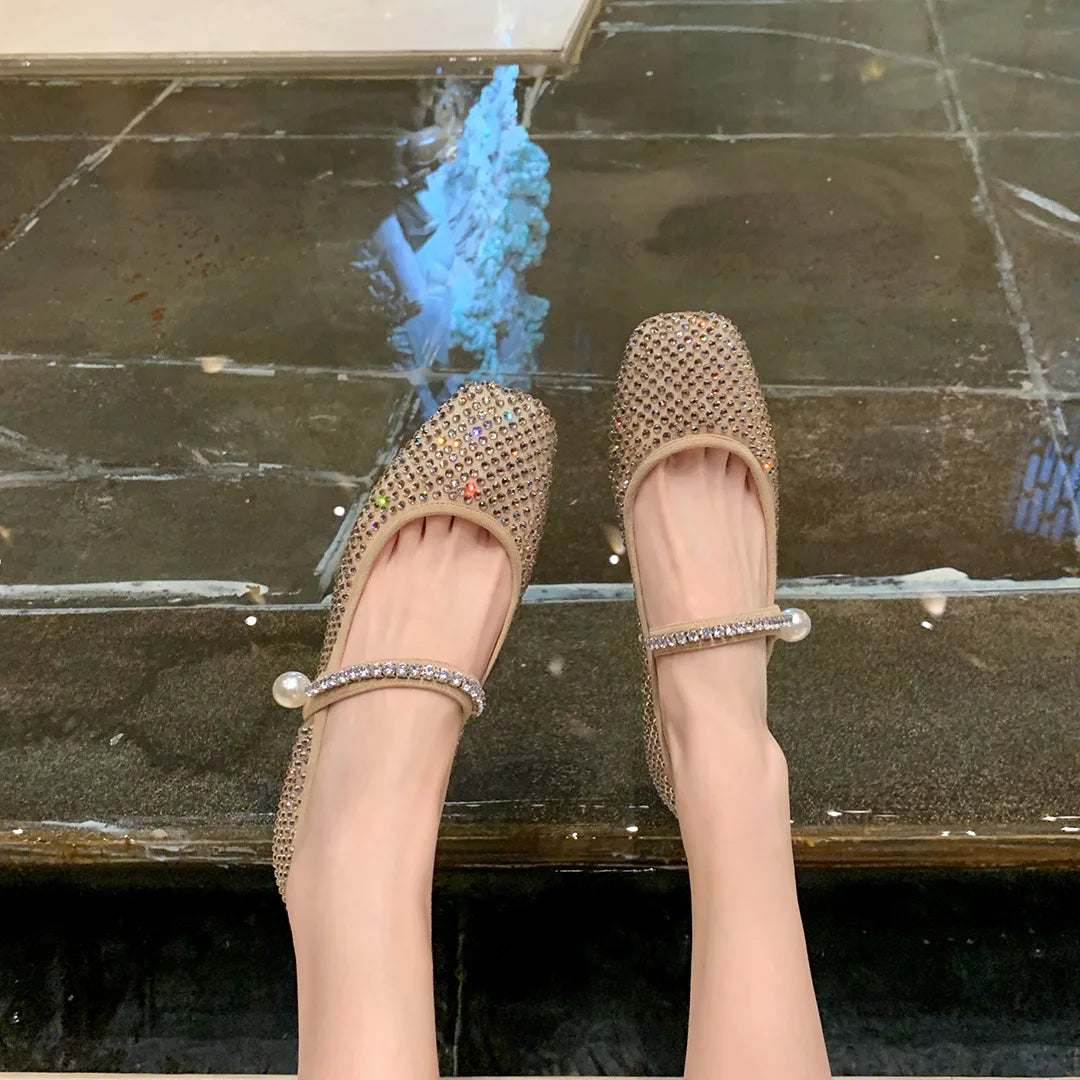 Flat Shoes for Women Spring and Autumn New Square Toe Mesh Full Diamond Pearls Mary Jane Women's Ladies Luxury Shoes Women Zpaxo