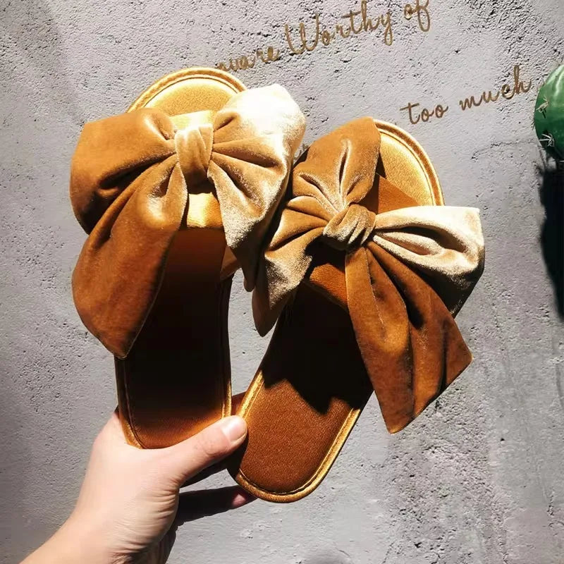 Slippers for Women 2025 Summer Velvet Bow Silk Slippers Comfortable At Home Soft Bottom Anti Slip Cool Slippers for Women Zpaxo