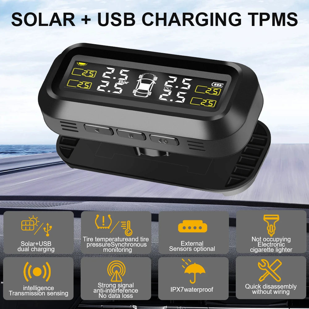 Solar TPMS Temperature Warning Fuel Save 4 External Sensors Tire