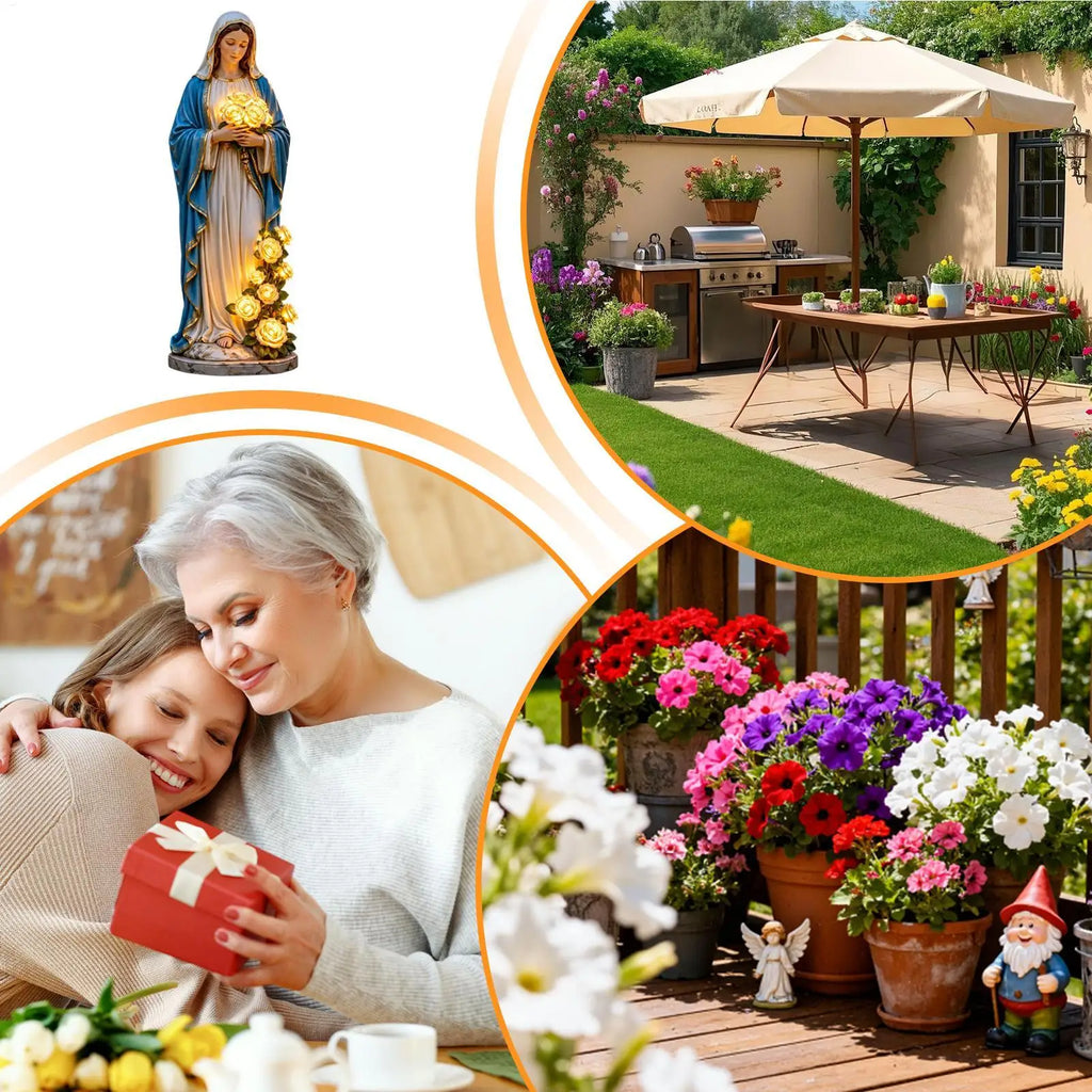 Virgin Mary Garden Statue Lighting Roses Resin Religious Figurine