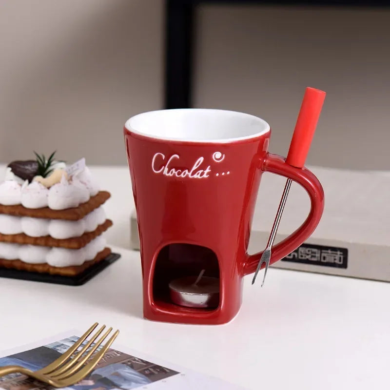 Ceramic Chocolate Melting Mug Set – Chafing Cup with Candle & Fork Ceramic Chocolate Mug Set Zpaxo 301-400ml Red - C