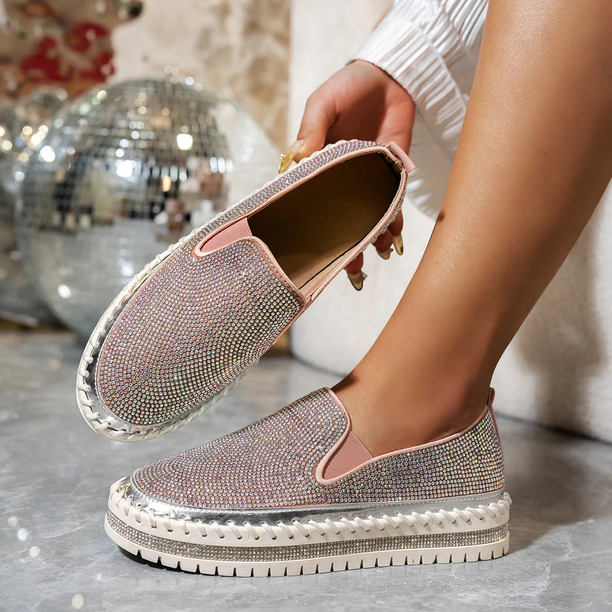 Women Sneakers Slip on Sexy Platform Casual Shoes Female Outdoor Luxury Crystals Flat Sneakers Women Rhinestone Flat Loafers Zpaxo Pink 38