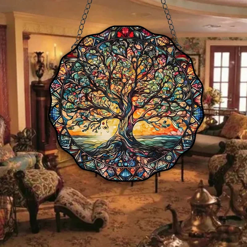 Tree Life Wall Art Decor Sun Hanging Sign Round Indoor Outdoor Window