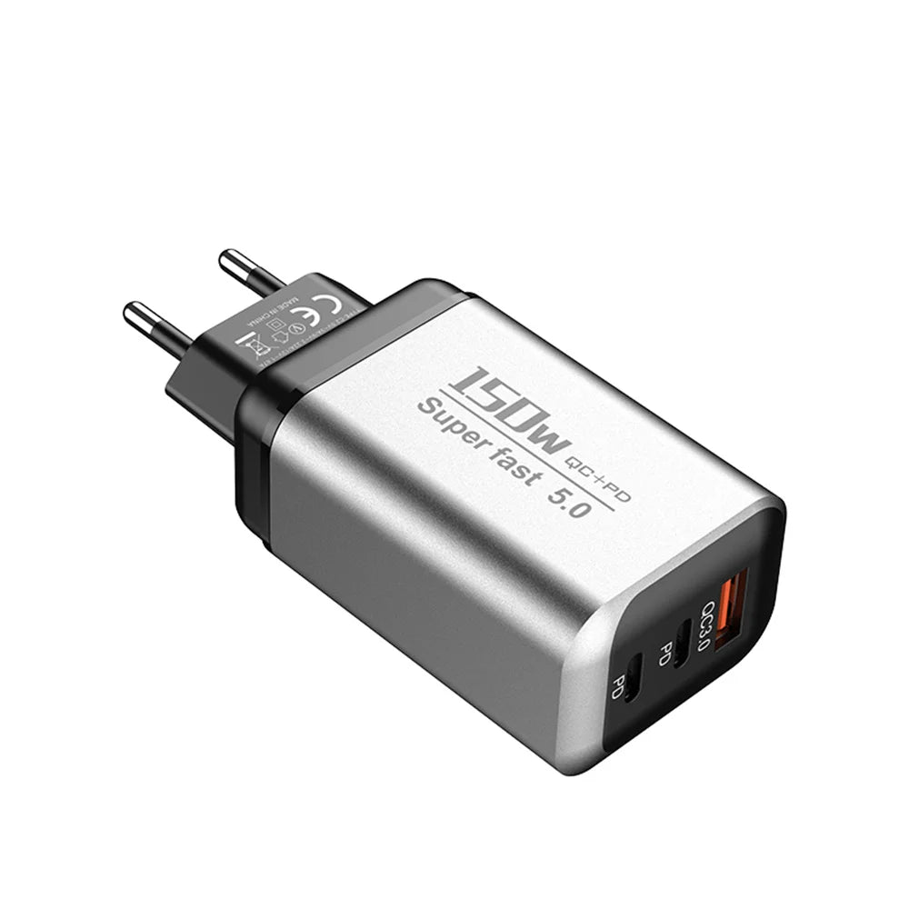 3-in-1 USB-C 150W Fast Wall Charger – EU/UK/US Plug USB-C Wall Charger Zpaxo EU Silver