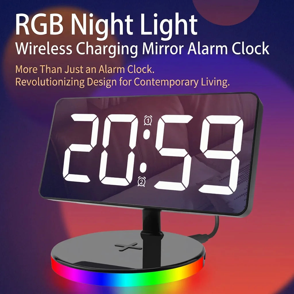 LED Mirror Alarm Clock – 15W Wireless Charging & RGB Night Light