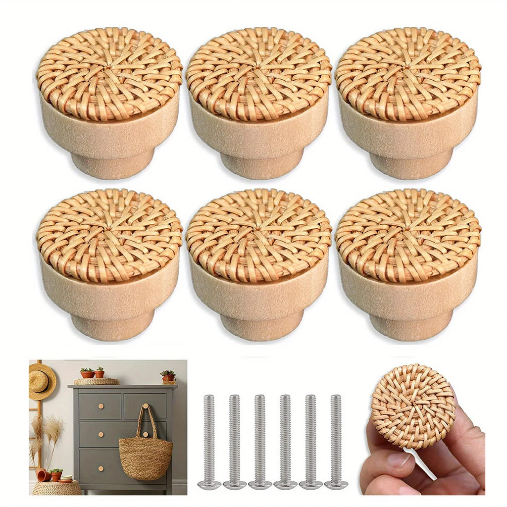 6PCS Rattan Wooden Handles Round Handmade Cabinets Drawer Pulls Wood Kitchen Cupboard Wardrobe Door Dresser Knobs Zpaxo