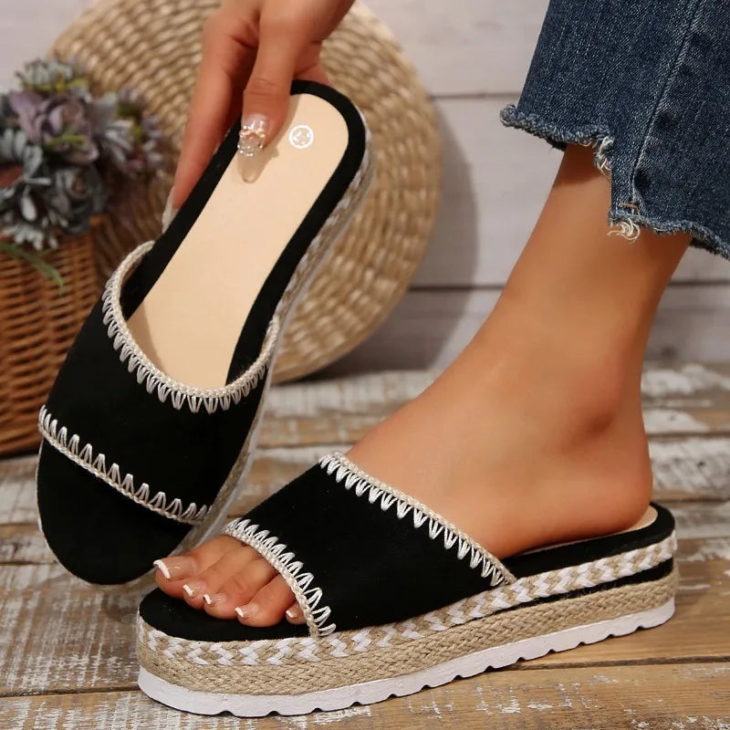 Fashion Mid Heel Slippers Women Summer Flat Lightweight Peep Toe Zpaxo black 42