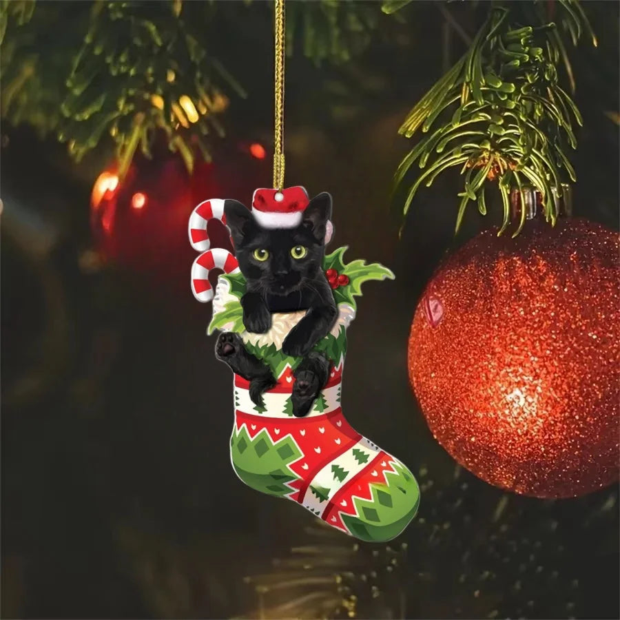Black Cat Christmas Ornament – 2D Acrylic Hanging Xmas Decor