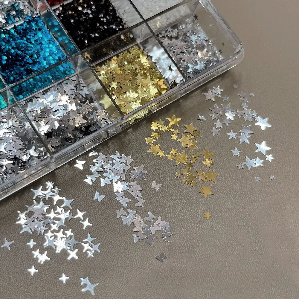 12 Grids Box Nail Art Sequins Mixed Shape Dot Flakes Glitter Mini Zpaxo