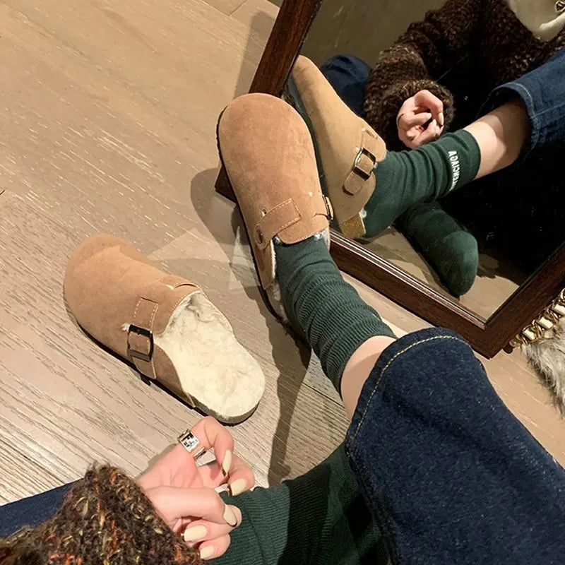 2025Fashion Women Casual Faux Suede Slippers Wedges Heel Cork Mules