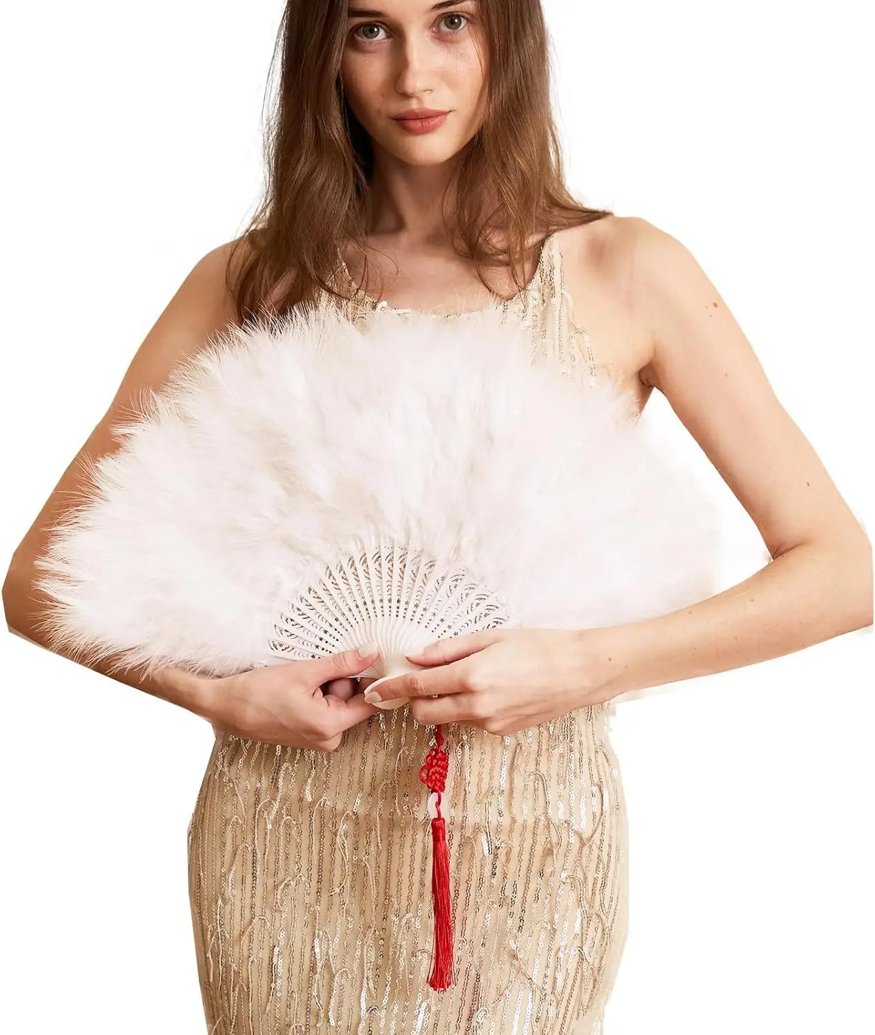 Handheld Feather Fan Flapper Hand Costume Party Dancing-WHITE Bridal