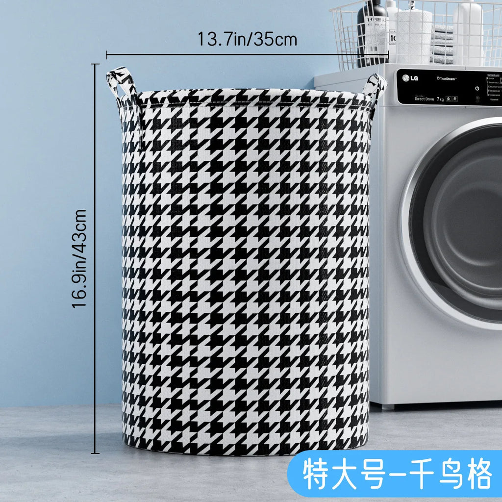 Foldable Checkered Storage Basket Black White Durable Fabric Laundry