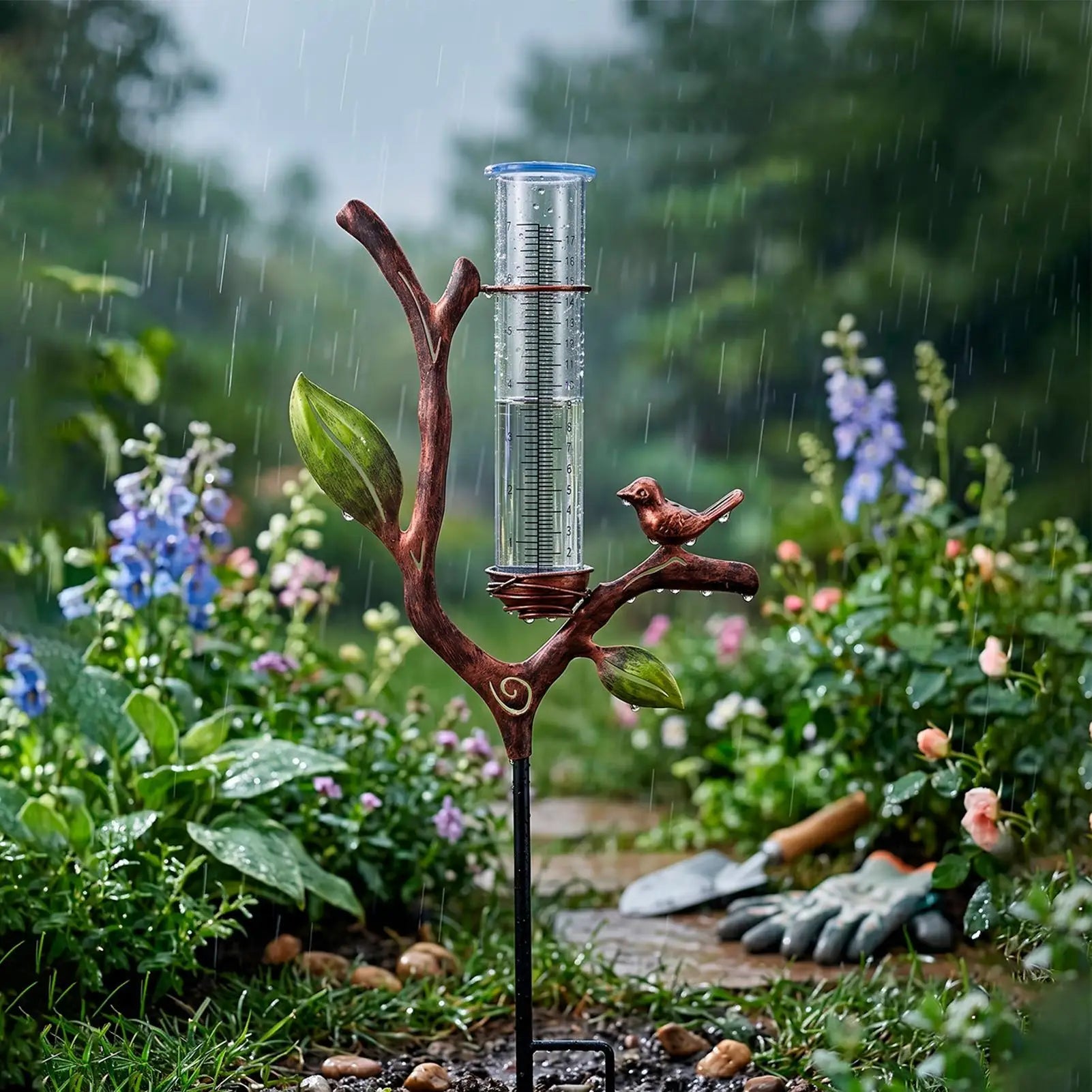 Rain Gauge Branch Design Decorative Measure Meter Outdoor Rain Gauge with Stake for Deck Lawn Fence Patio Garden Home Outside Zpaxo