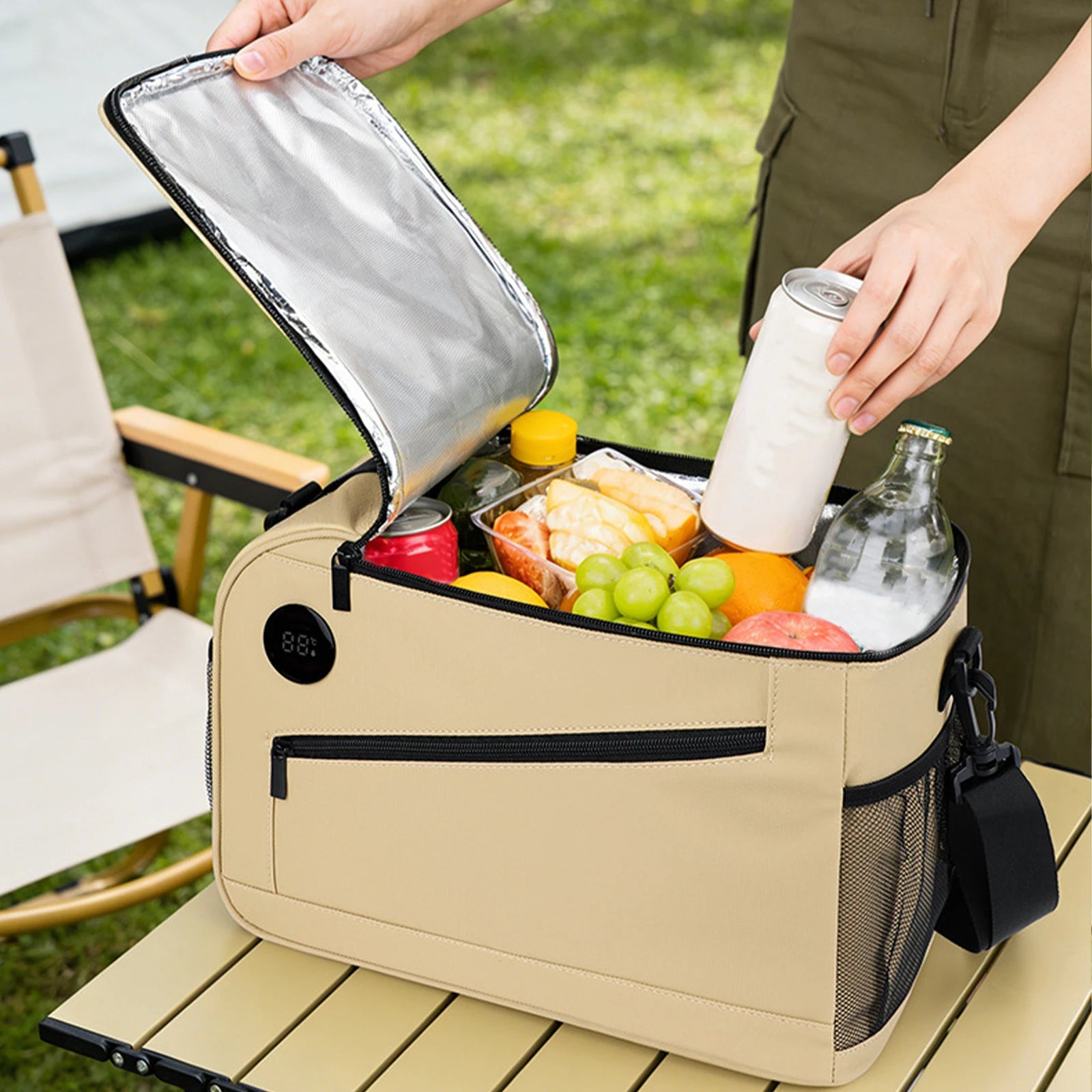 Cooler Bag Temperature Display Lunch Box Shoulder Strap Portable