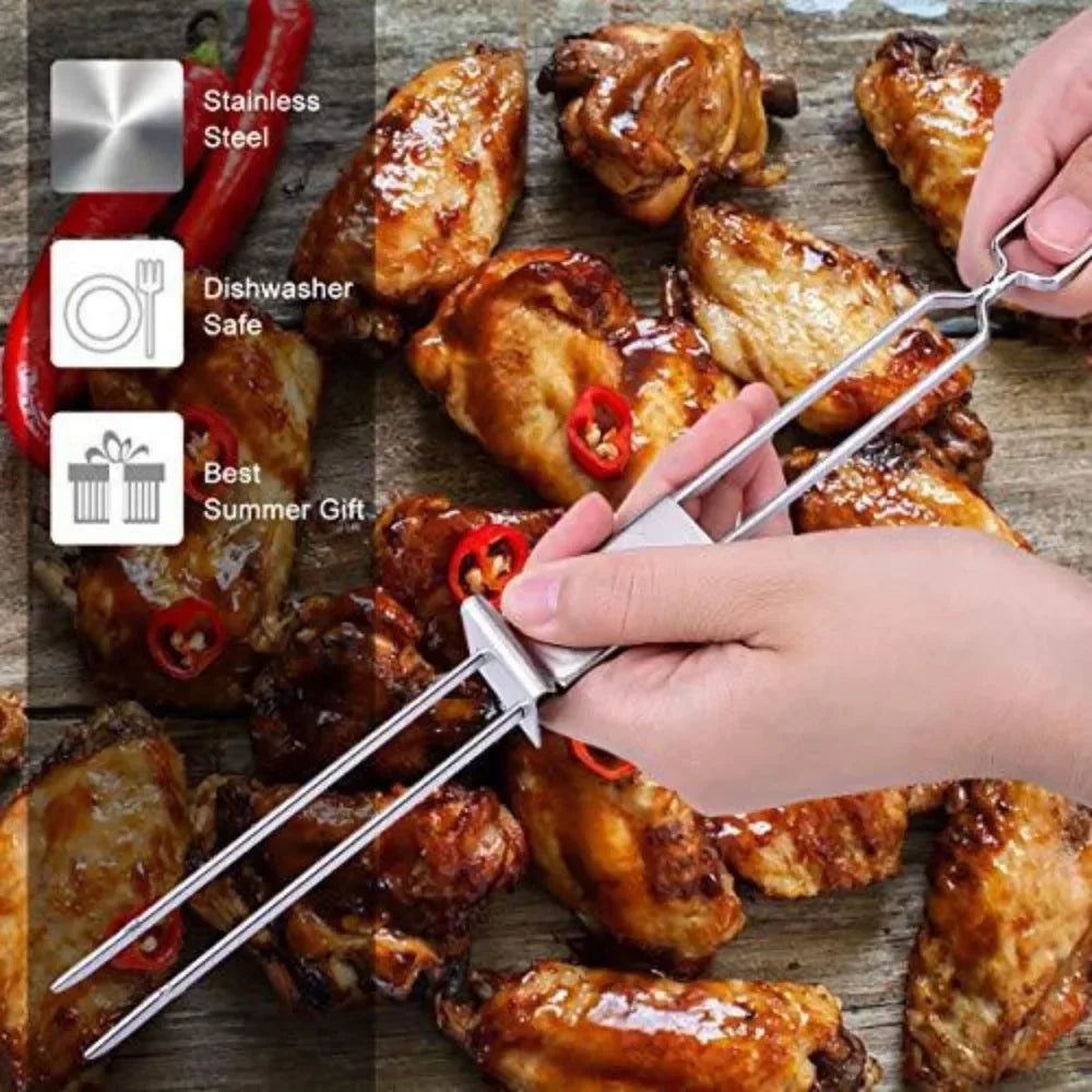 Stainless Steel BBQ Skewer Fork – Double Pin with Push Plate BBQ Skewer Fork Zpaxo