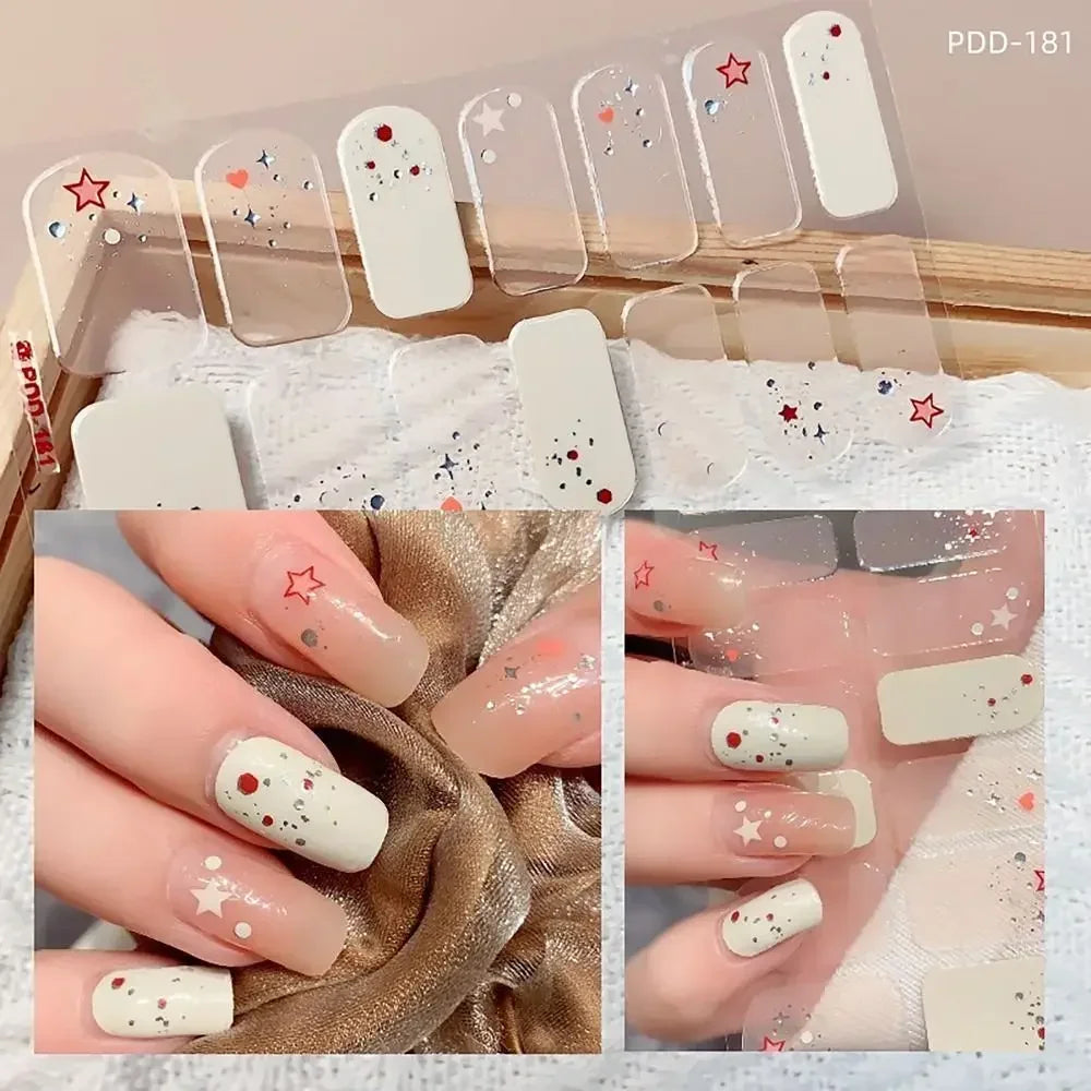 14Strips Gel Nail Stickers Full Cover Floristic Art Semi Cured Polish