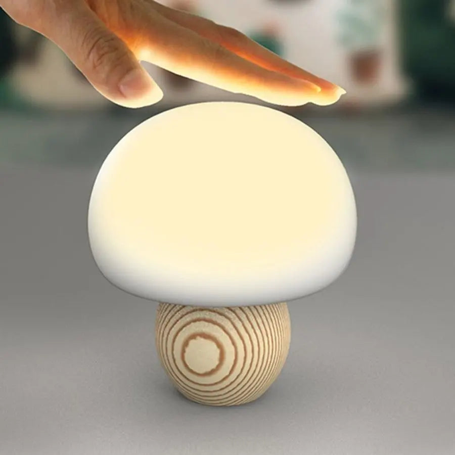 LED Mushroom Night Light – Dimmable Touch Lamp & Wood Base