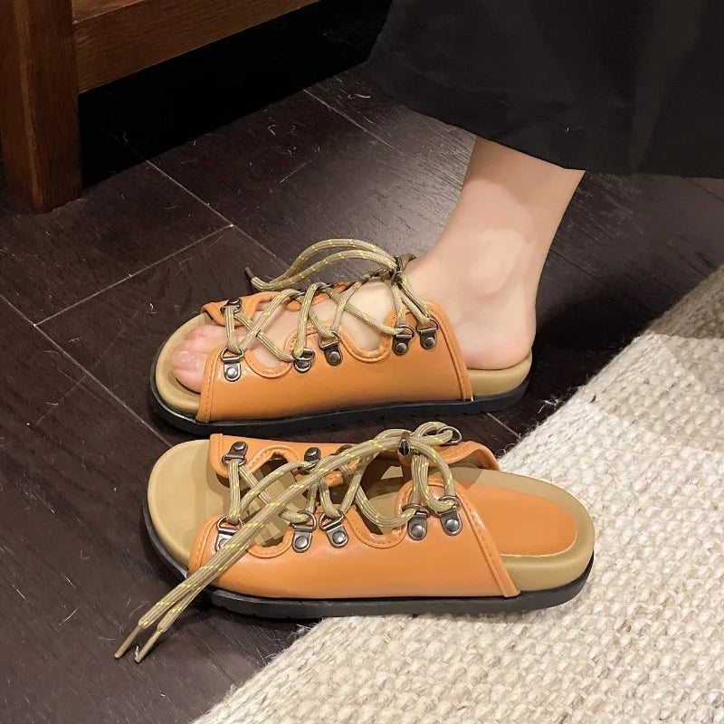 Lace-up Flat Slippers Women's Summer 2026 Open Toe Metal Buckle Zpaxo
