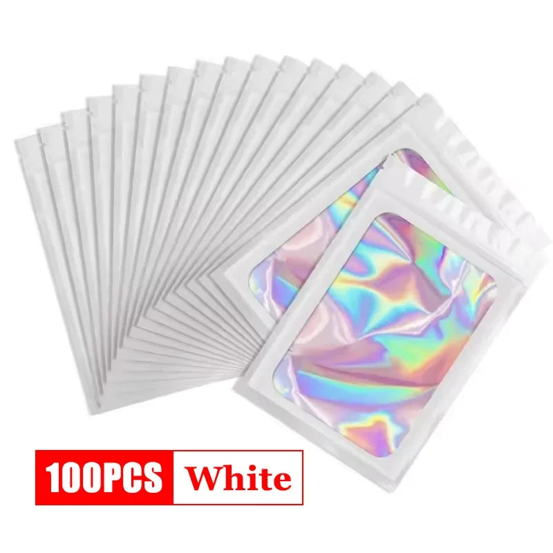 500Pcs Holographic Ziplock Bags Plastic Laser Iridescent Zip Bags for Manicure Eyelash Display Earrings Ring Jewelry Storage Bag Zpaxo White 7.5x12 100PCS