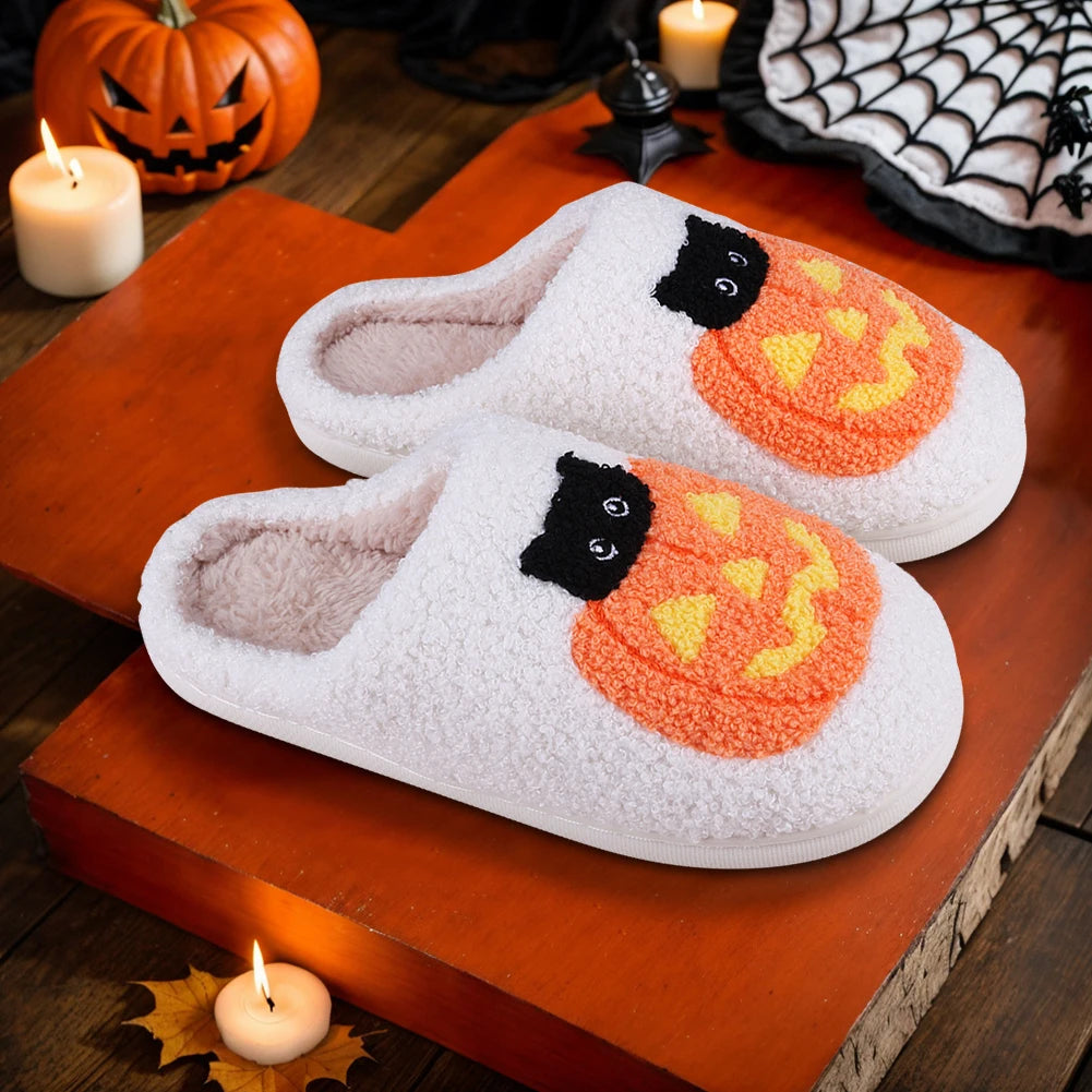Halloween Plush Slippers Anti Slip Comfortable Furry Slippers Pumpkin Cat Pattern Fluffy Home Warm House Shoe for Winter Autumn Zpaxo