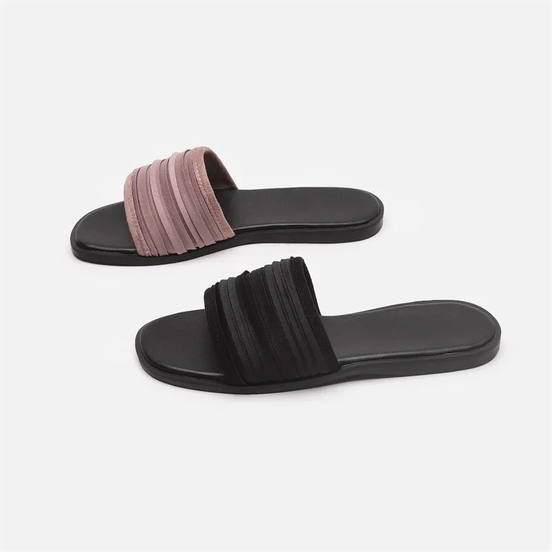 Slippers for Women Summer 2025 Low Heel Pleated Surface Beach Sandal Open Toed Flat Bottom Slippers Flats for Women Ladies Shoes Zpaxo