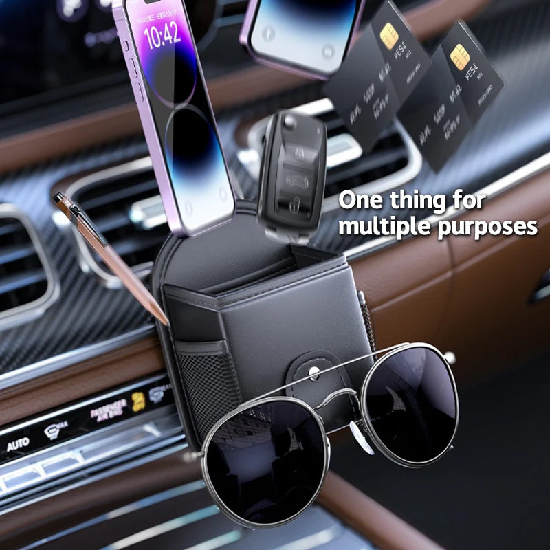 PU Leather Car Air Vent Phone Holder & Storage Organizer
