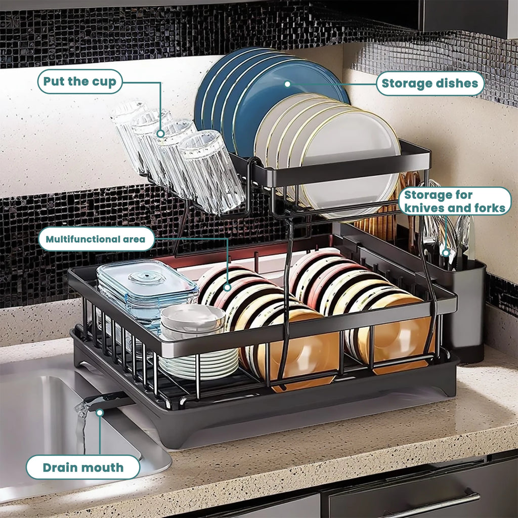 Large 2-tier dish drying rack for kitchen countertops, removable large-capacity dish draining rack Zpaxo