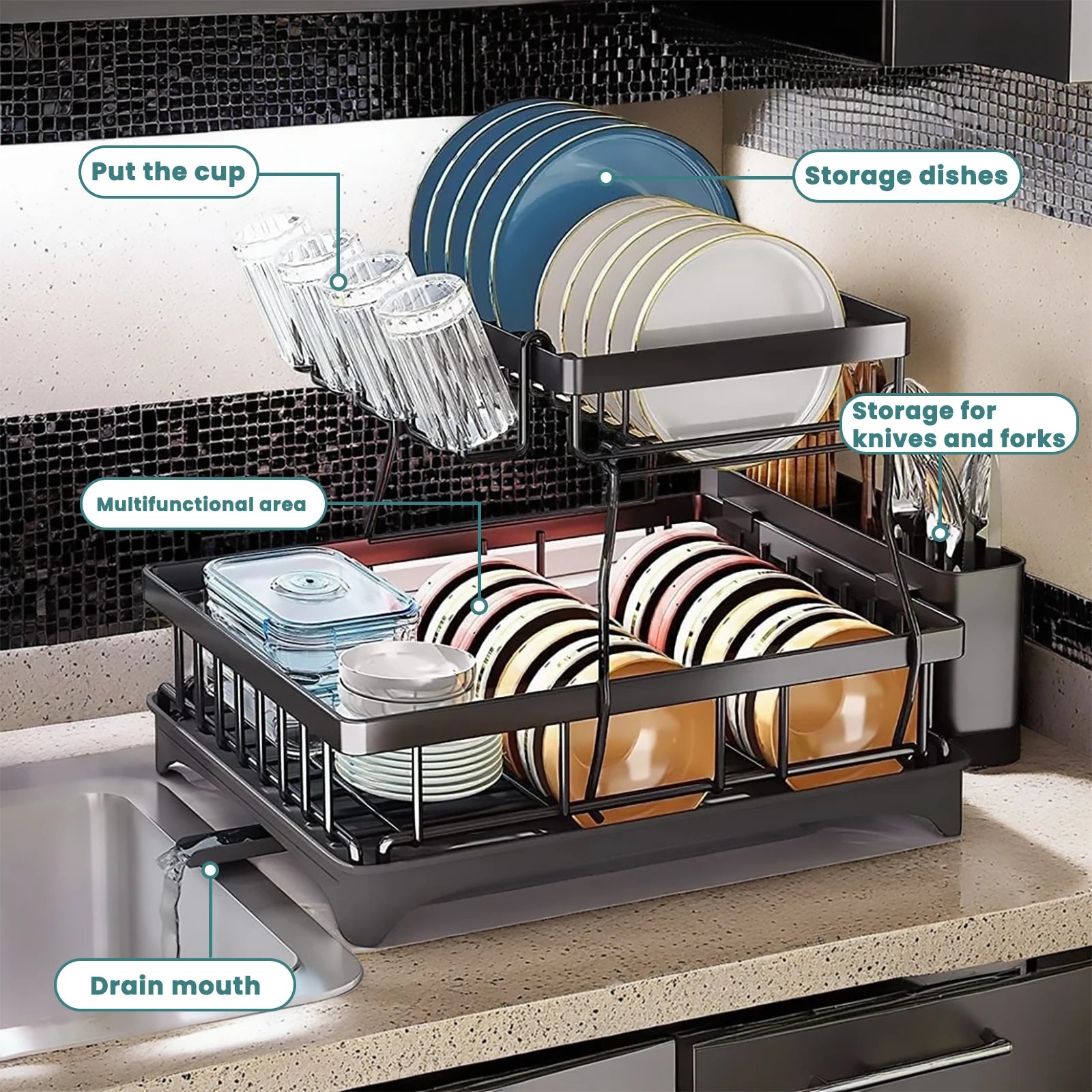Large 2-tier dish drying rack for kitchen countertops, removable large-capacity dish draining rack Zpaxo