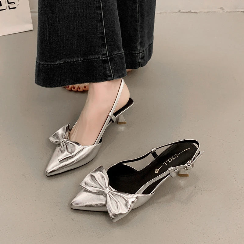 Slingback Pumps Bow Knot Kitten Heel Black Silver Colors Wedding Zpaxo
