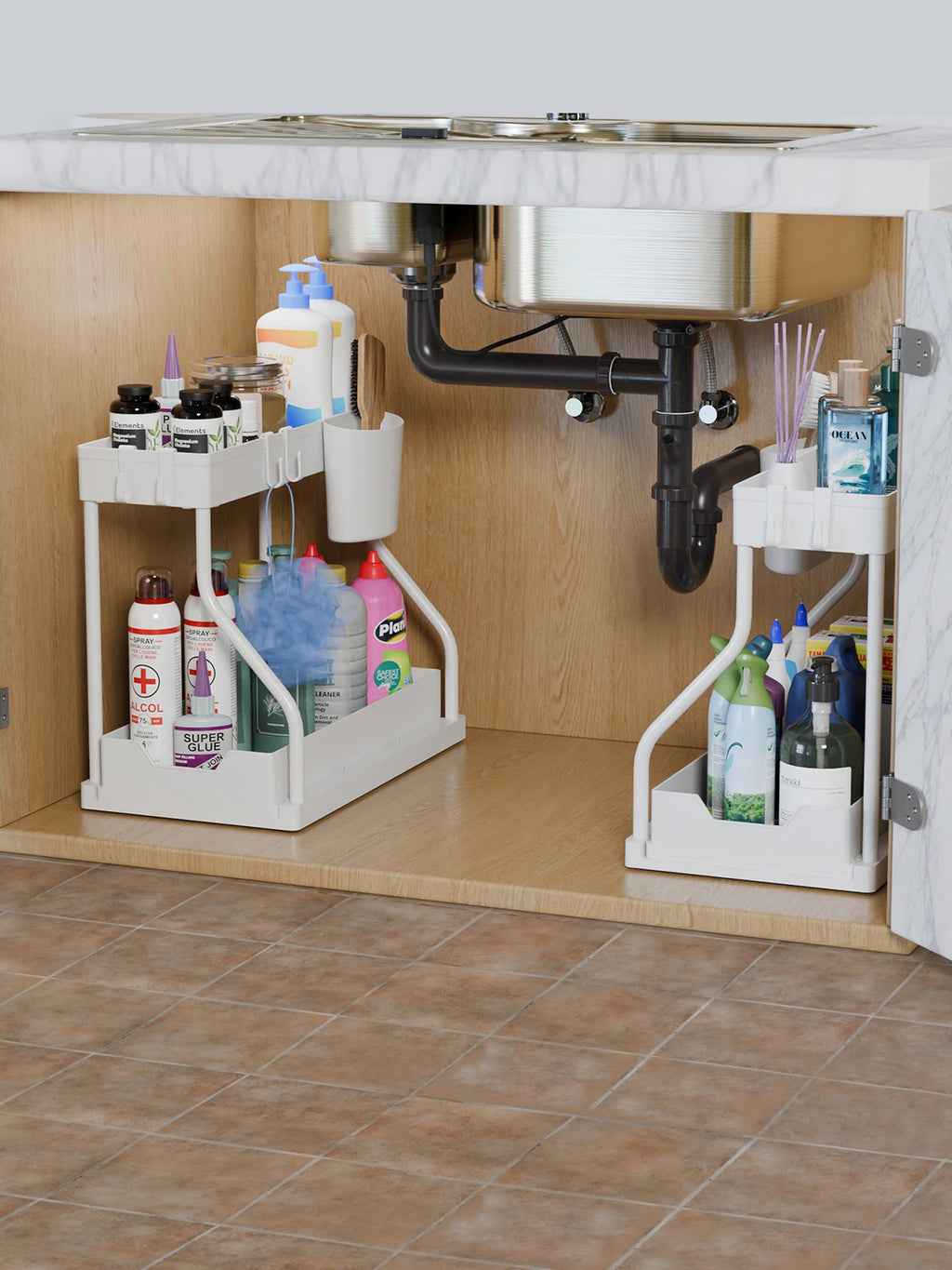 2-Tier Pull-Out Under Sink Organizer | Kitchen & Bathroom Cabinet Pull-Out Organizer Zpaxo 2PCS-white 2-tier
