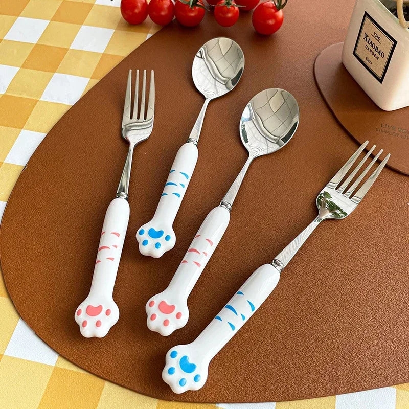 Stainless Steel Cute Cat Paw Fork Spoon Cutlery Set With Storage Box Dinnerware Tableware Silverware Lunch Portable Tableware Zpaxo