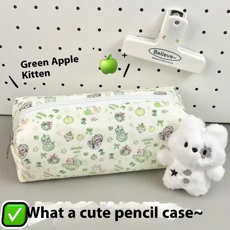 1 Piece Cute Green Apple Cat Printed Makeup Bags Cartoon Kitten Pencil Bag Large Capacity Stationery Storage Bag Zpaxo