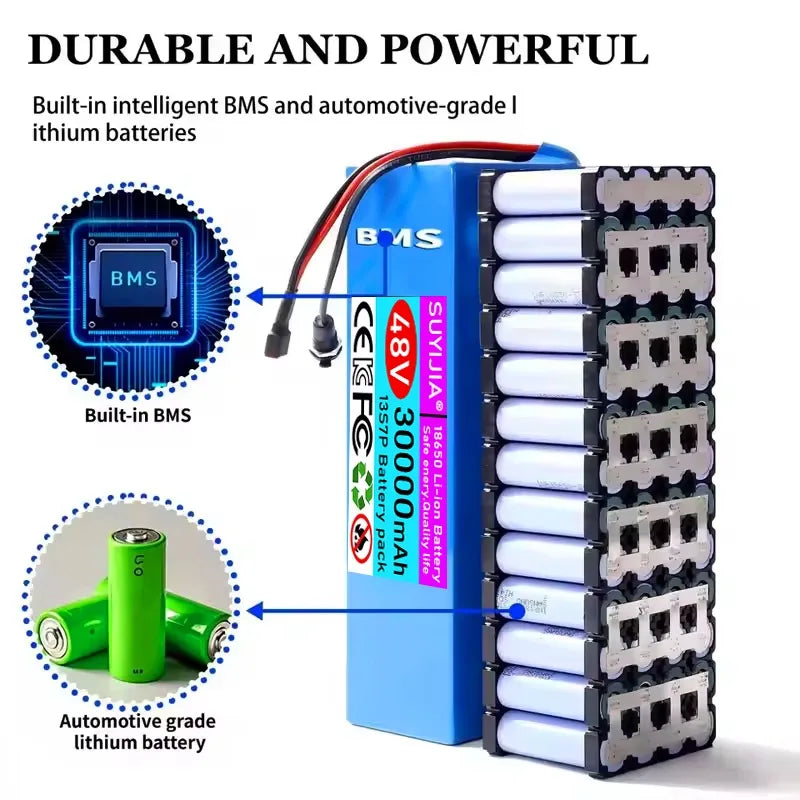 New 48V 30Ah 13S7P Lithium-ion Battery Pack 48V 30000mAh Built-in 60A BMS for 500-1500W Electric Motor Battery +54.6V 2A Charger Zpaxo