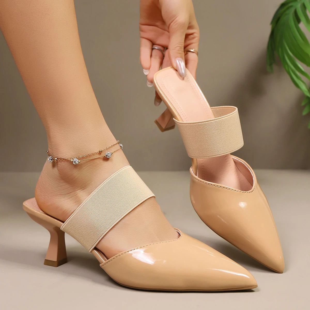Shoes for Women Summer Thin Heels Dress Party Shoes Fashionable High Heel Sandals Women Plus Size Elastic Band Womens Sandals Zpaxo apricot 39